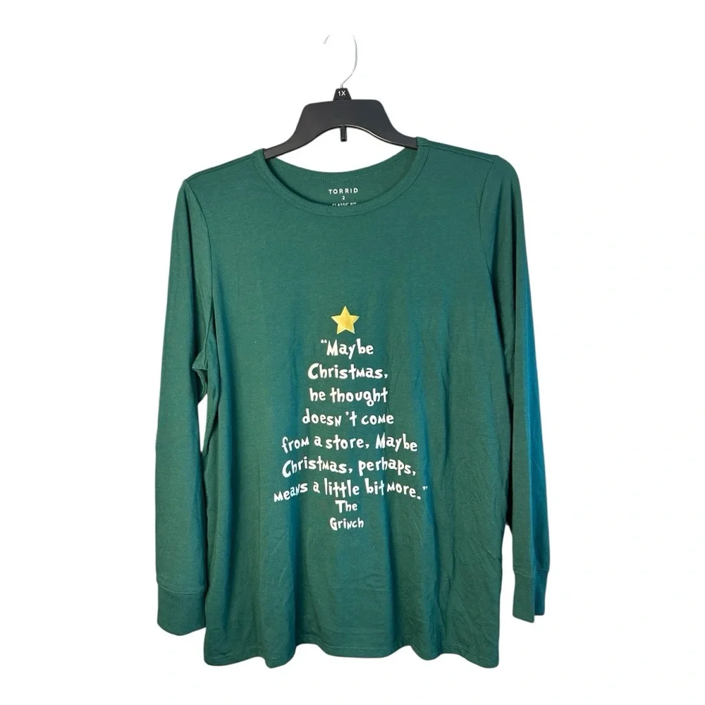 Torrid Grinch Quote Classic Fit Green Long Sleeve Top Size 2X NWT - Picture 2 of 8
